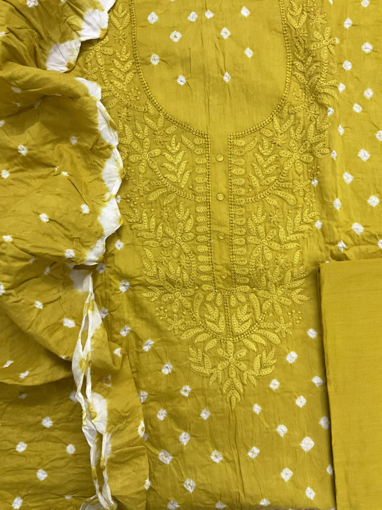 Image of Pure Jaam Cotton Bandhani Printed Embroidered Suit - Lime