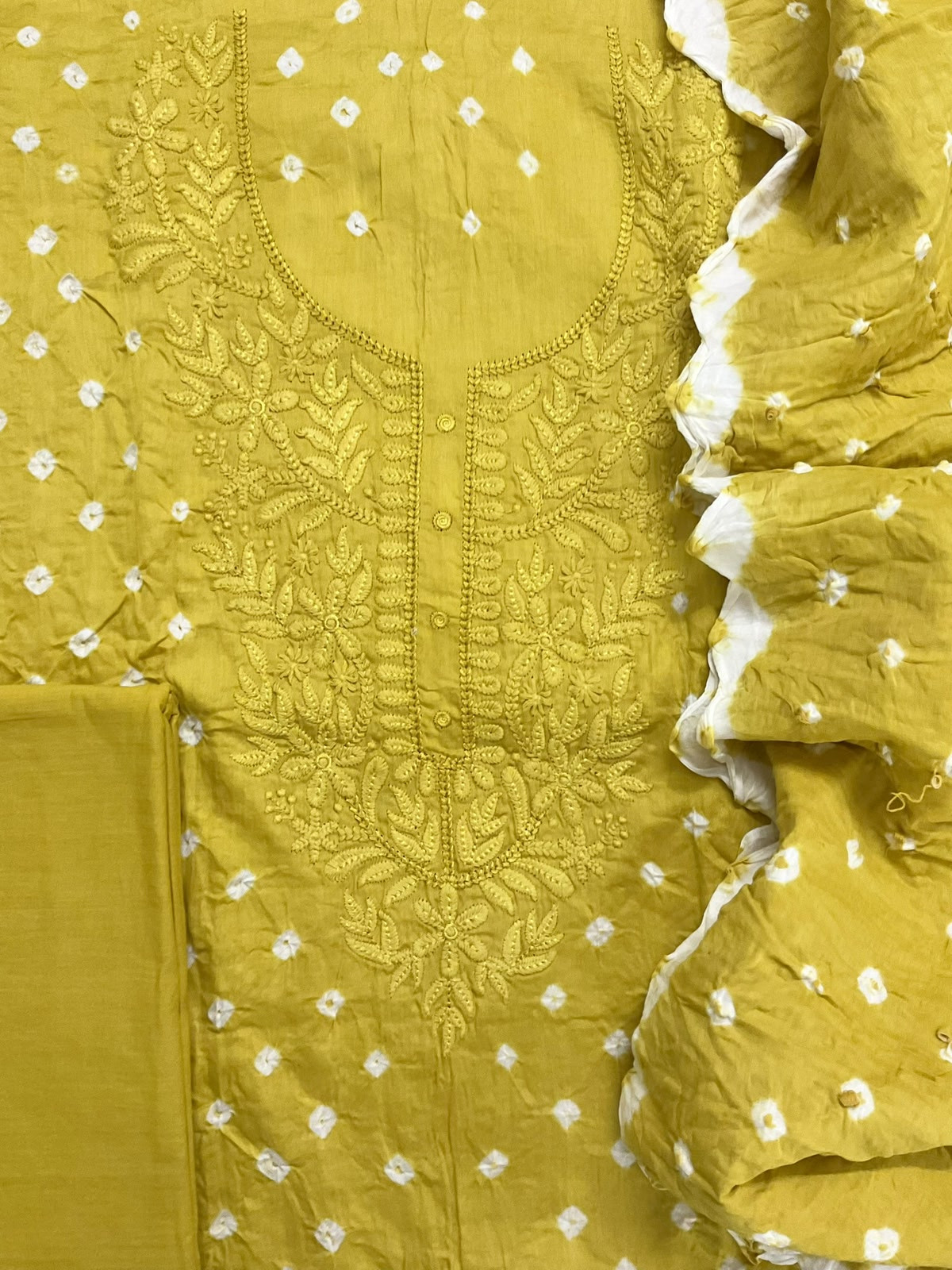 Pure Jaam Cotton Bandhani Printed Embroidered Suit - Lime