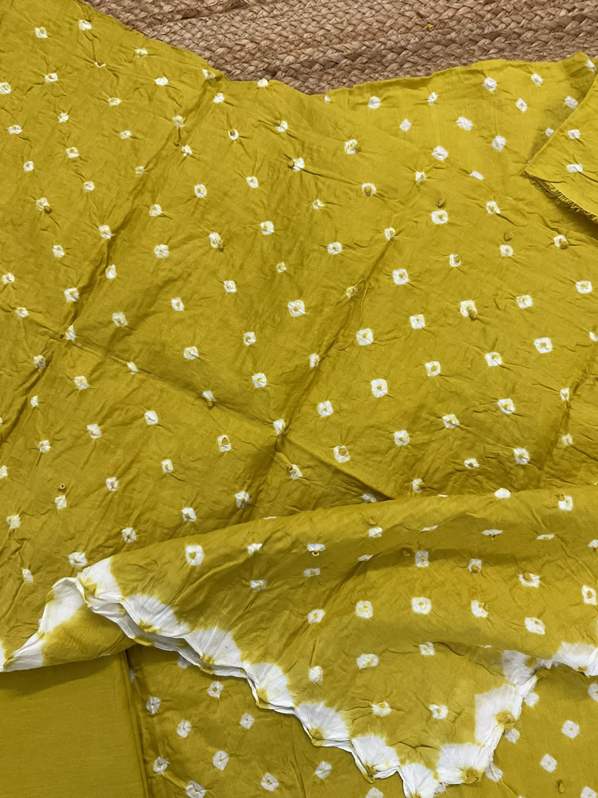 Pure Jaam Cotton Bandhani Printed Embroidered Suit - Lime