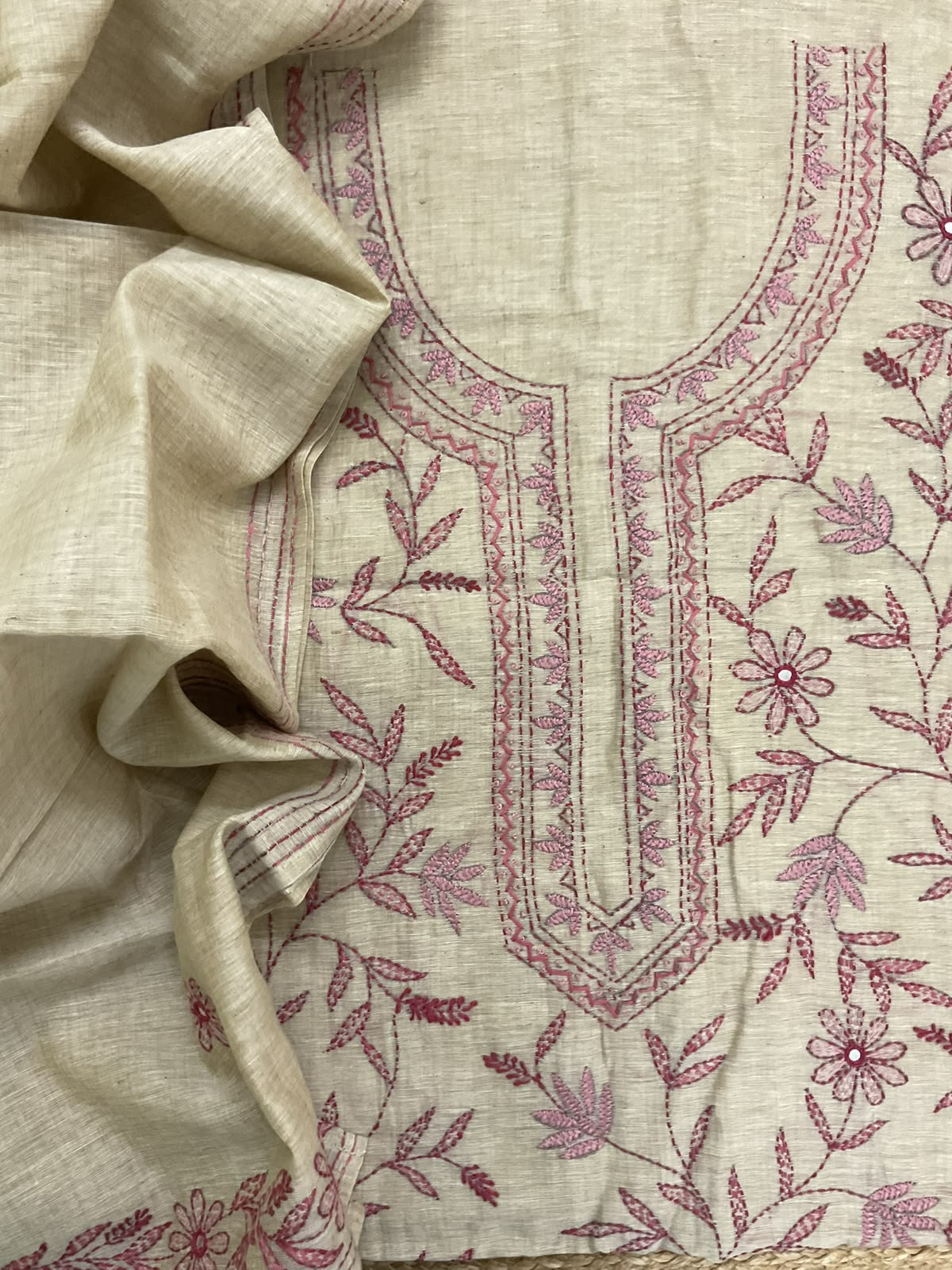 Pure Slub Chanderi Kantha Work Suit - Beige