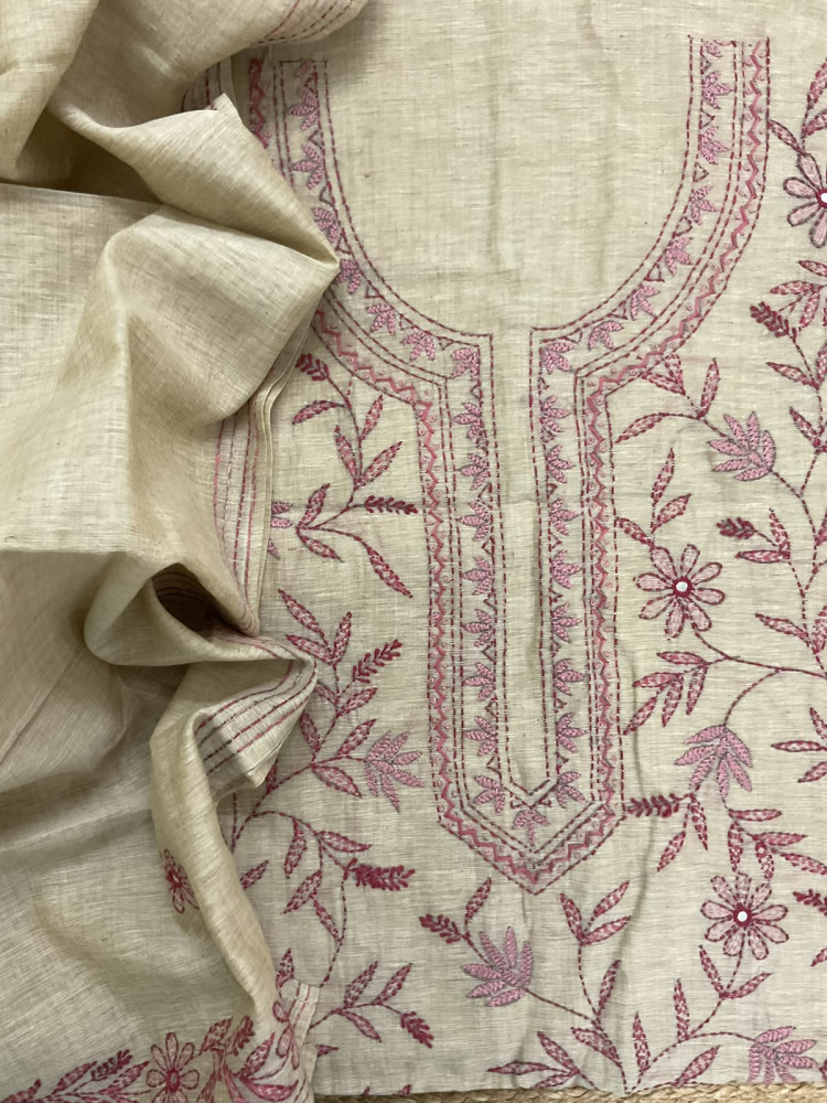 Image of Pure Slub Chanderi Kantha Work Suit - Beige