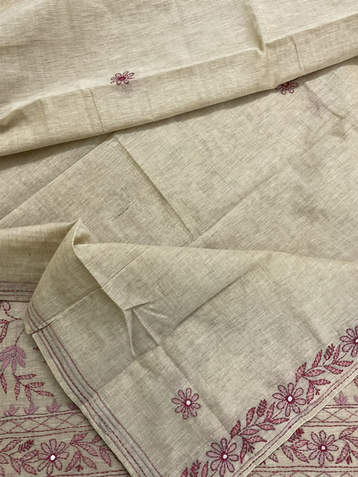 Pure Slub Chanderi Kantha Work Suit - Beige
