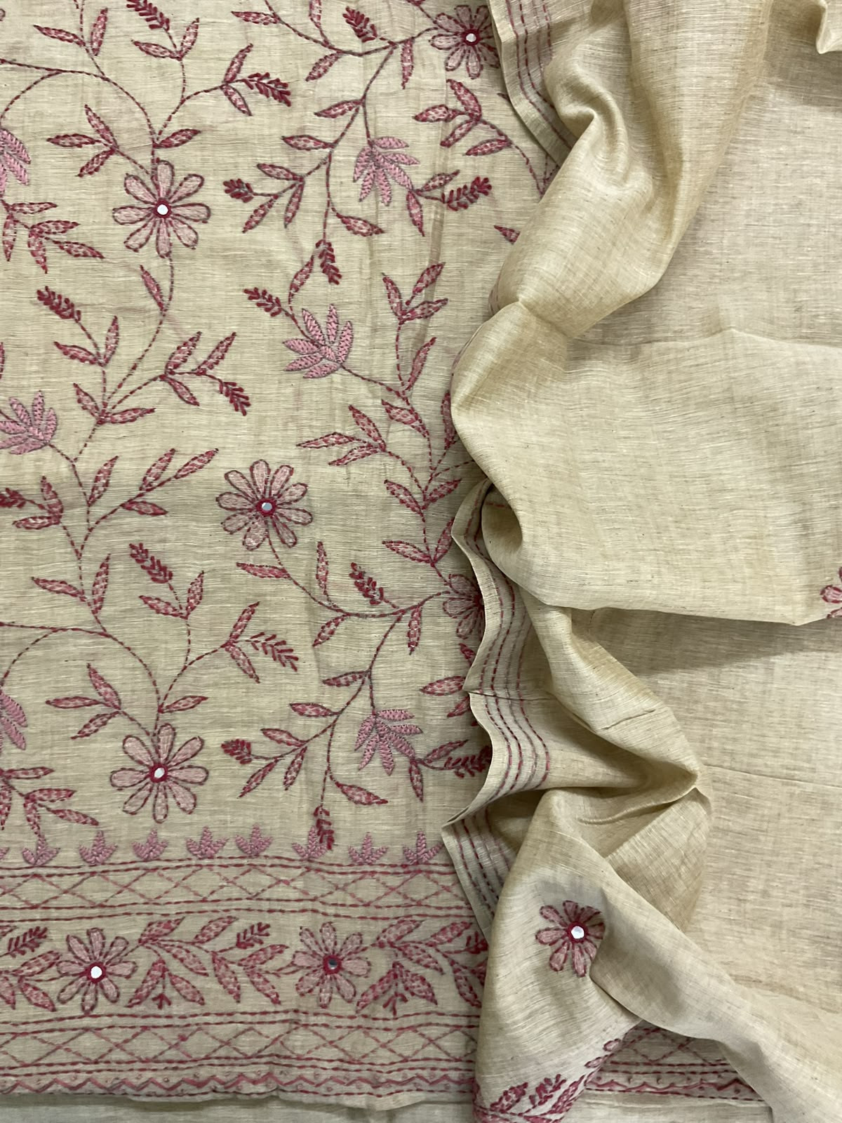 Pure Slub Chanderi Kantha Work Suit - Beige