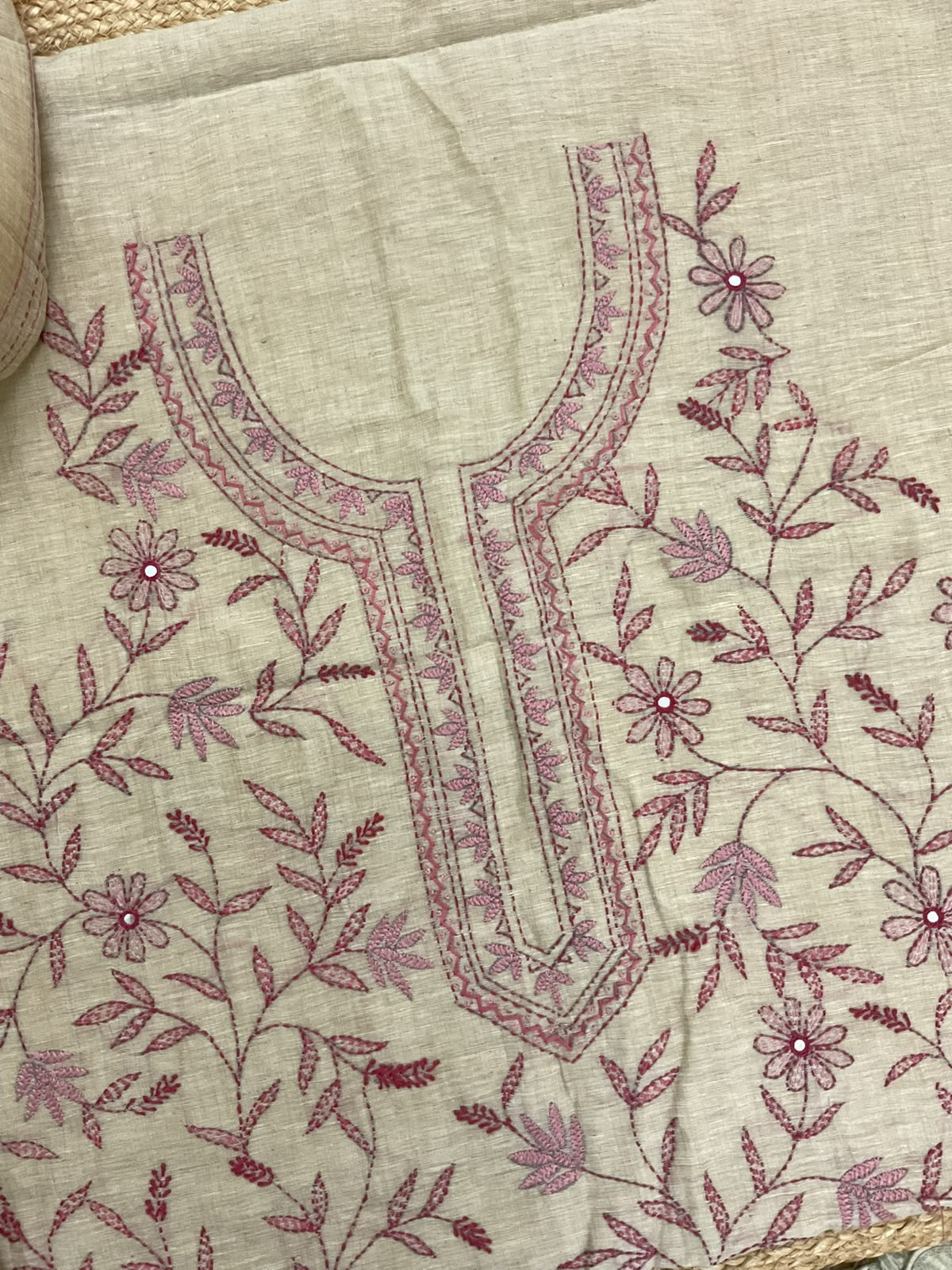 Pure Slub Chanderi Kantha Work Suit - Beige