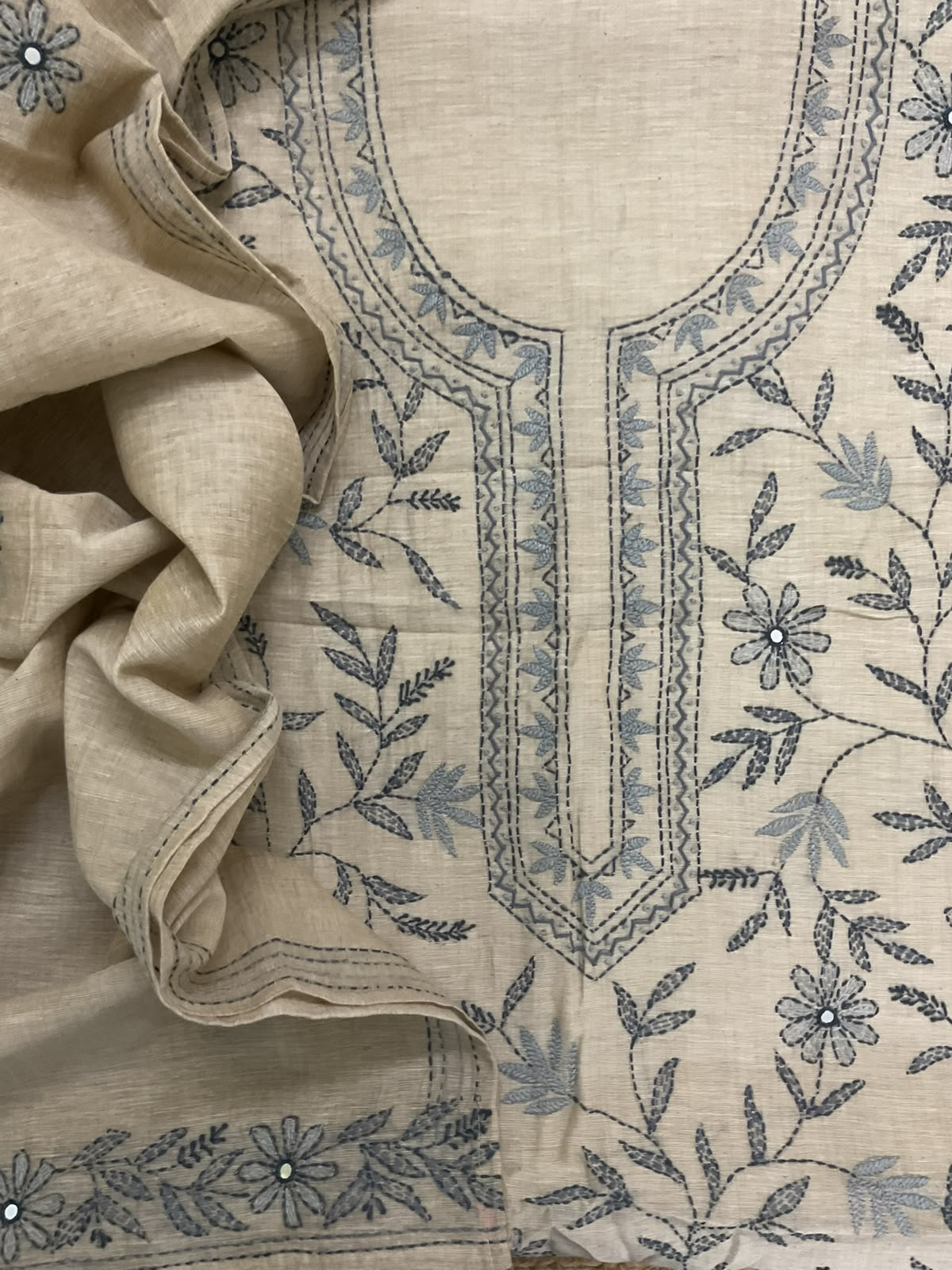 Pure Slub Chanderi Kantha Work Suit - Beige