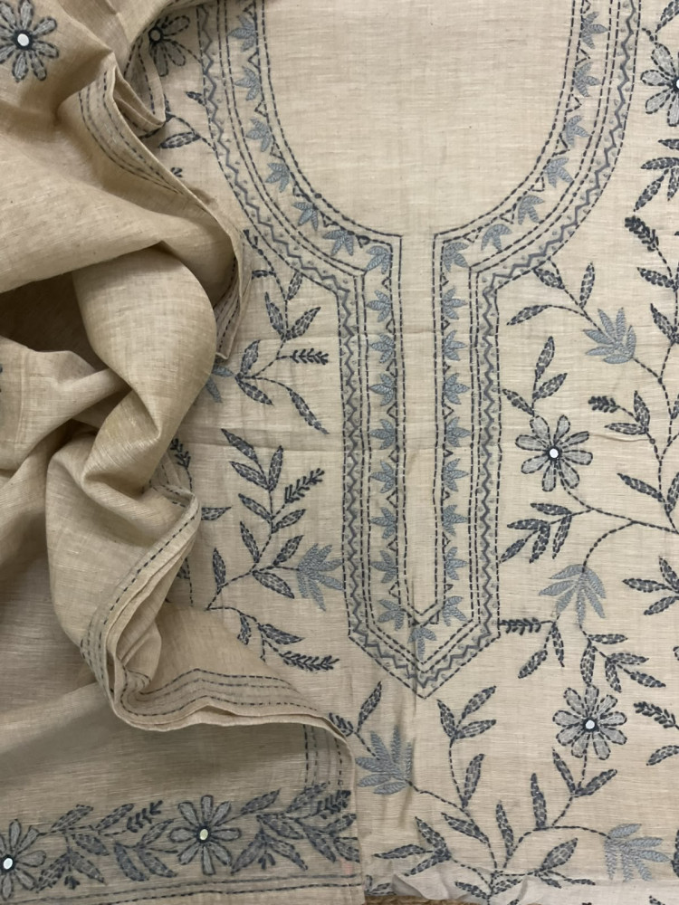 Image of Pure Slub Chanderi Kantha Work Suit - Beige