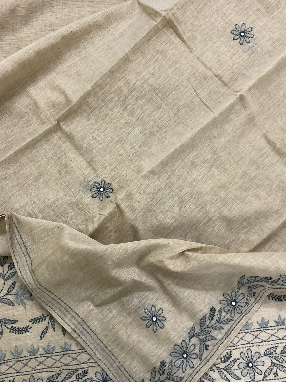 Pure Slub Chanderi Kantha Work Suit - Beige