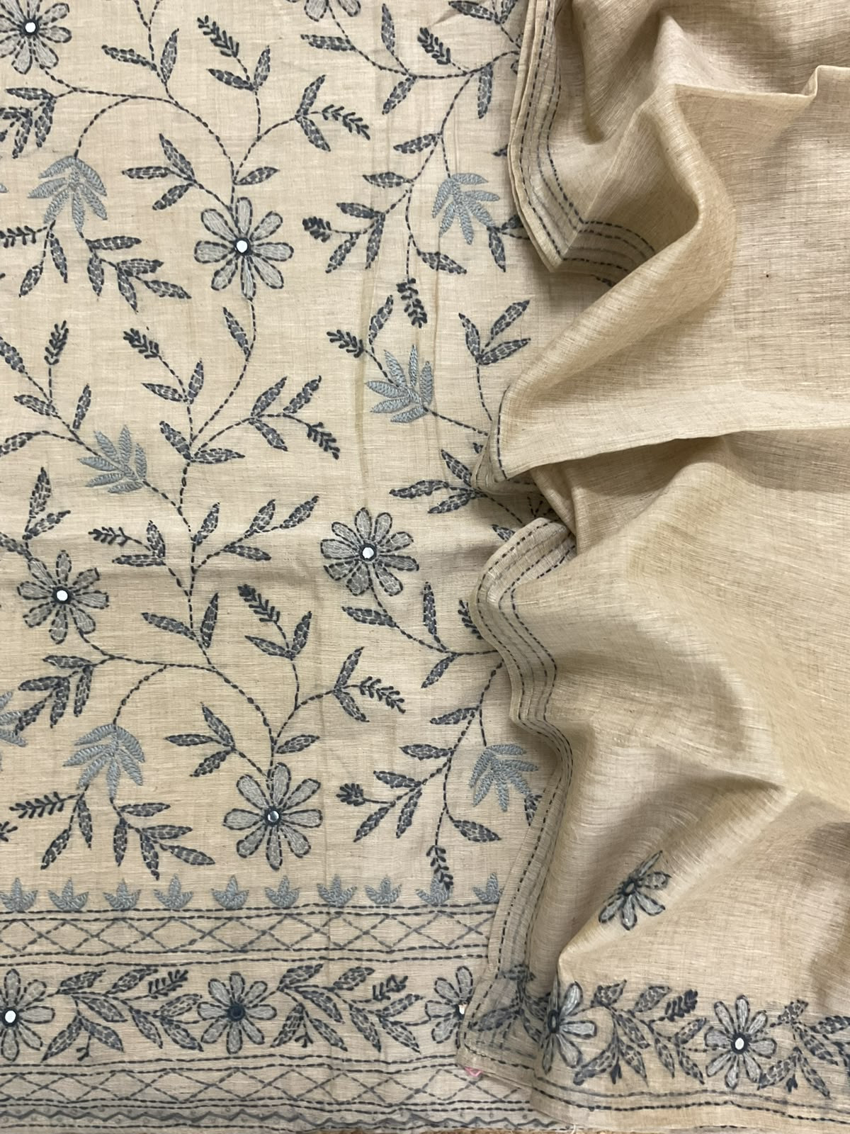 Pure Slub Chanderi Kantha Work Suit - Beige