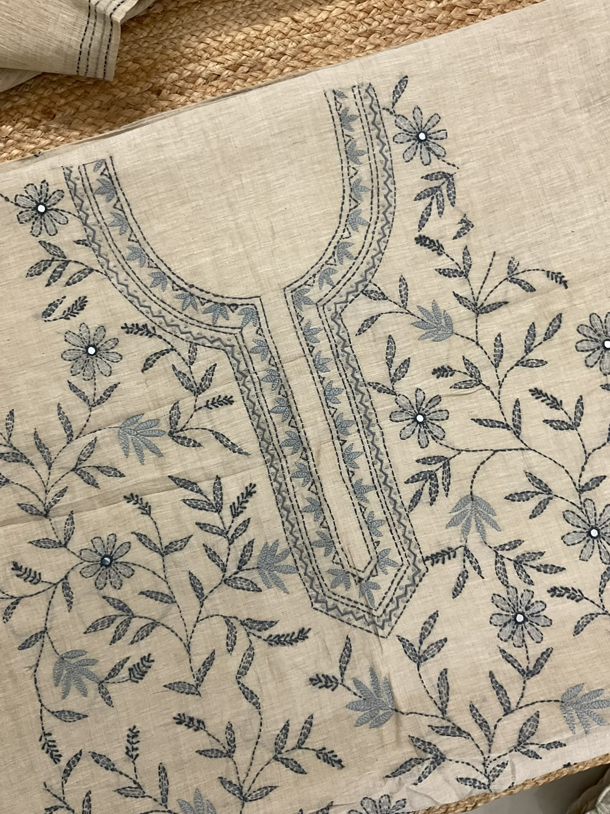 Pure Slub Chanderi Kantha Work Suit - Beige