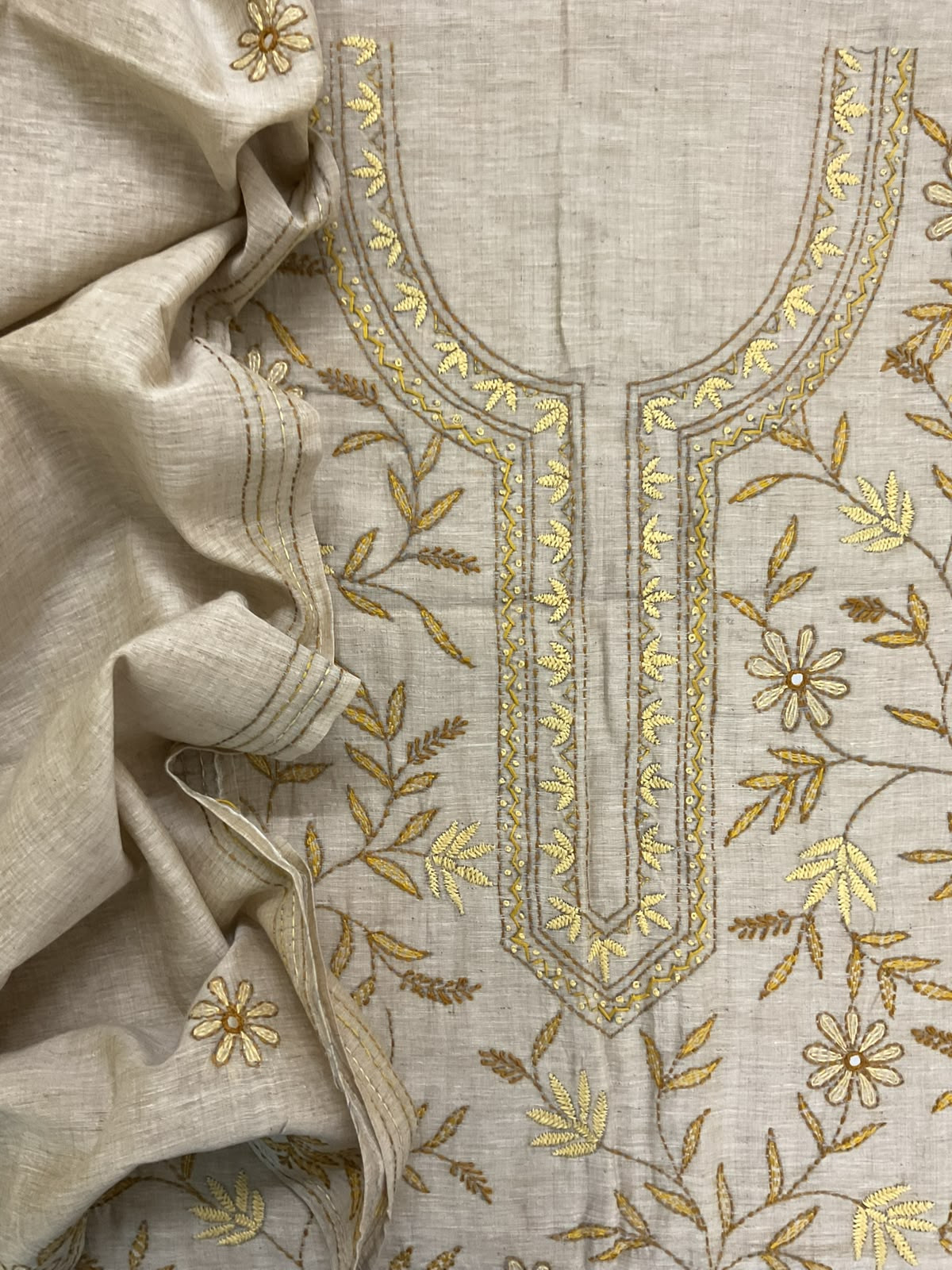 Pure Slub Chanderi Kantha Work Suit - Beige