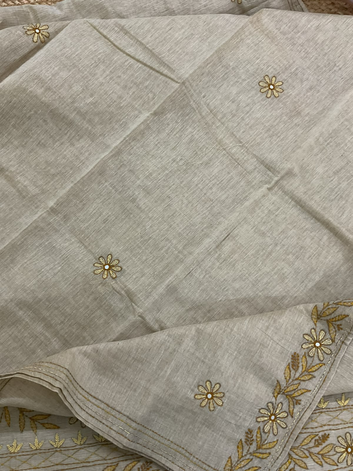 Pure Slub Chanderi Kantha Work Suit - Beige