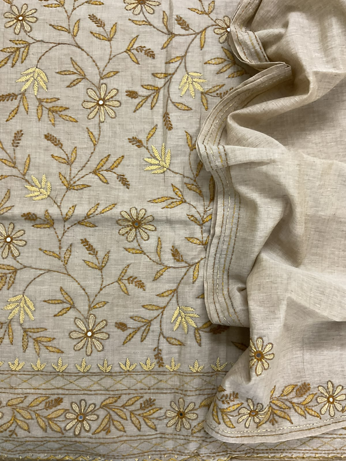 Pure Slub Chanderi Kantha Work Suit - Beige