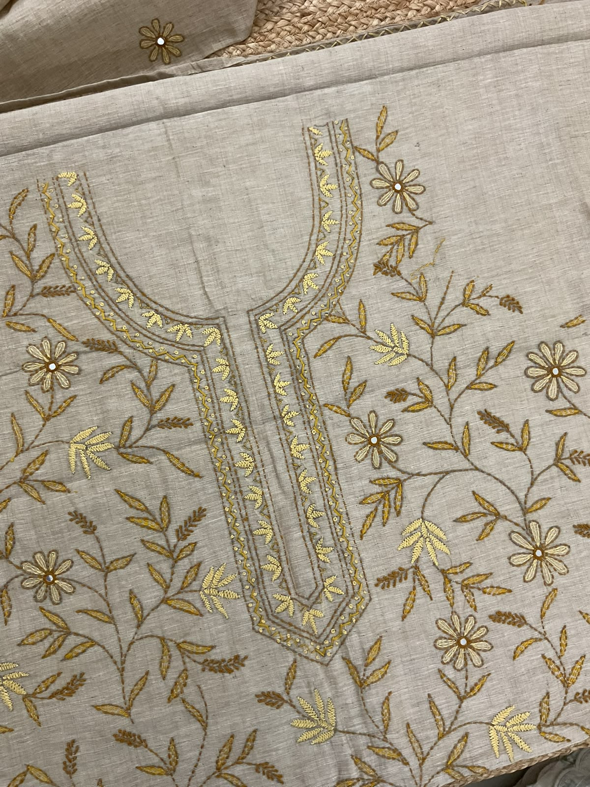 Pure Slub Chanderi Kantha Work Suit - Beige