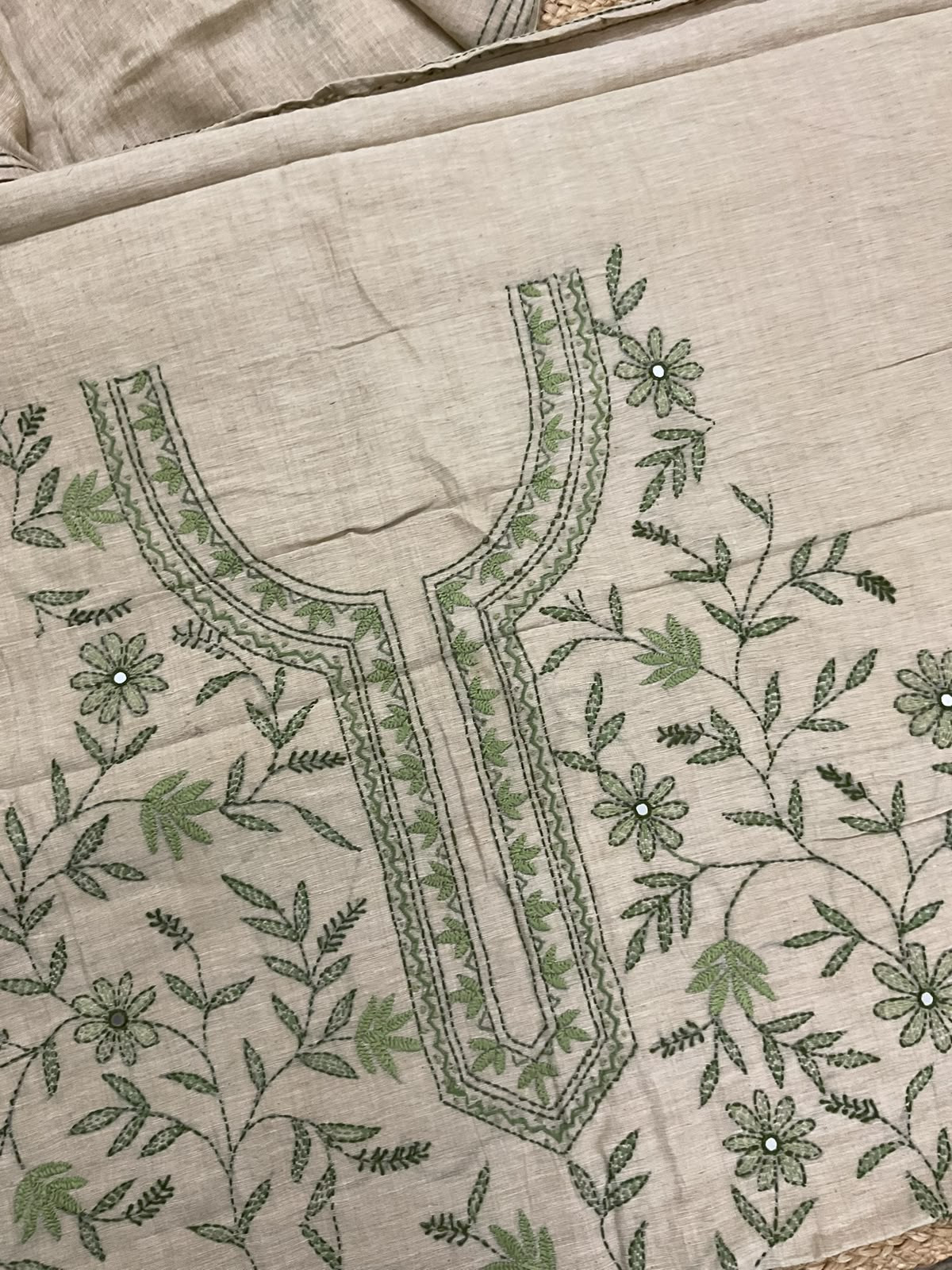 Pure Slub Chanderi Kantha Work Suit - Beige