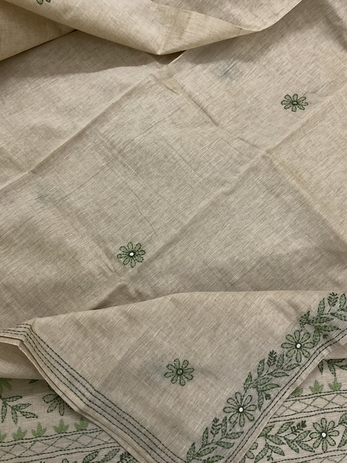 Pure Slub Chanderi Kantha Work Suit - Beige