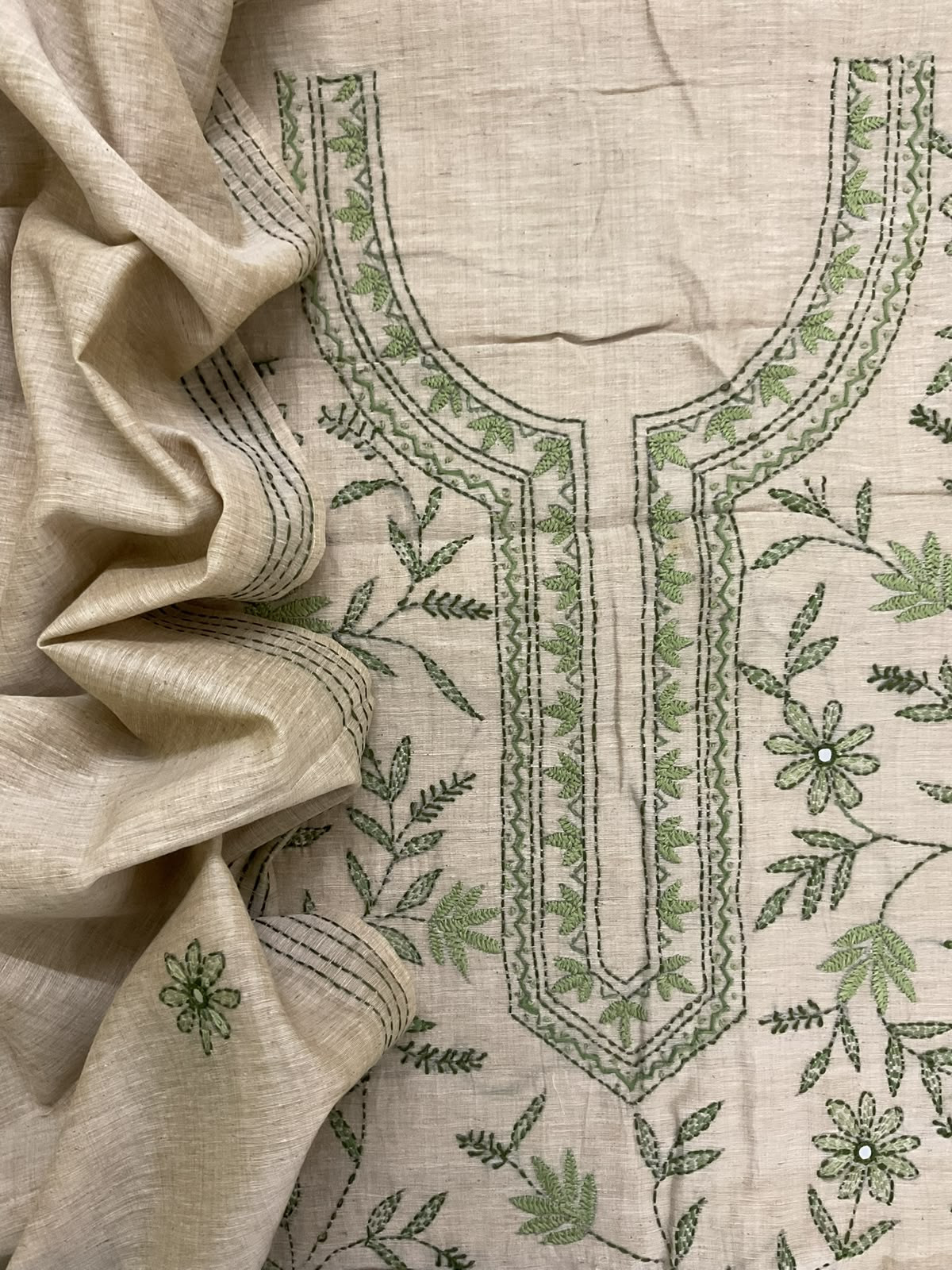Pure Slub Chanderi Kantha Work Suit - Beige