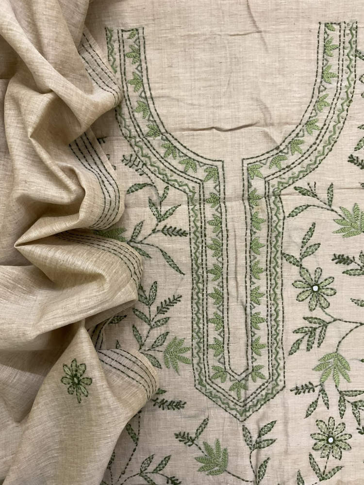 Image of Pure Slub Chanderi Kantha Work Suit - Beige