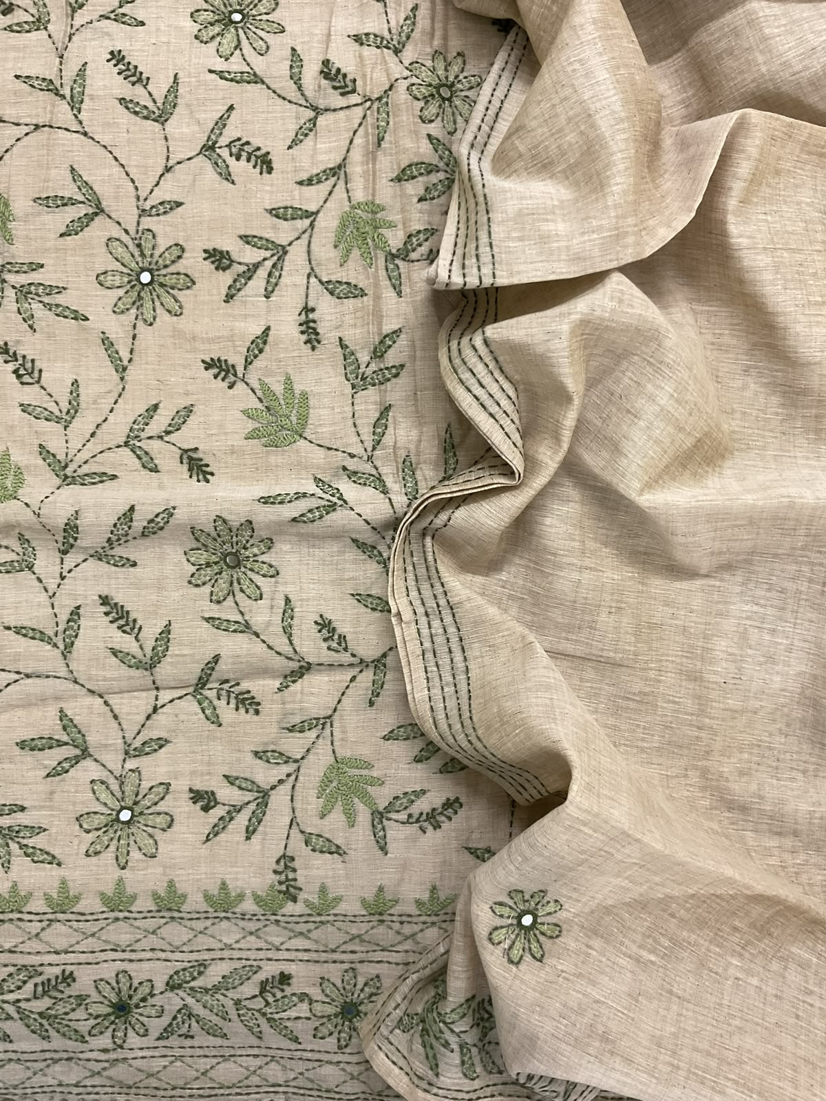 Pure Slub Chanderi Kantha Work Suit - Beige