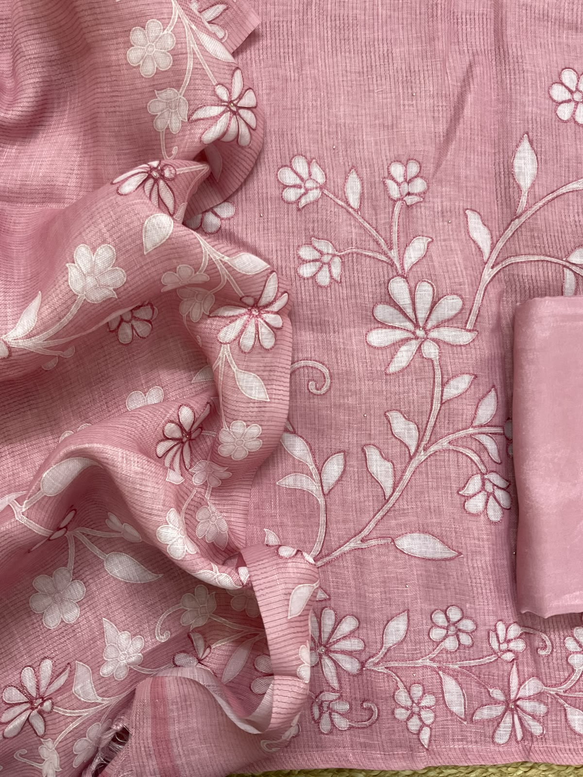 Pure Linen Jute Cotton Printed Embroidered Suit - Pink