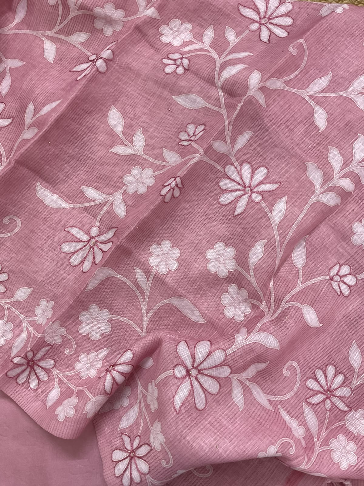 Pure Linen Jute Cotton Printed Embroidered Suit - Pink