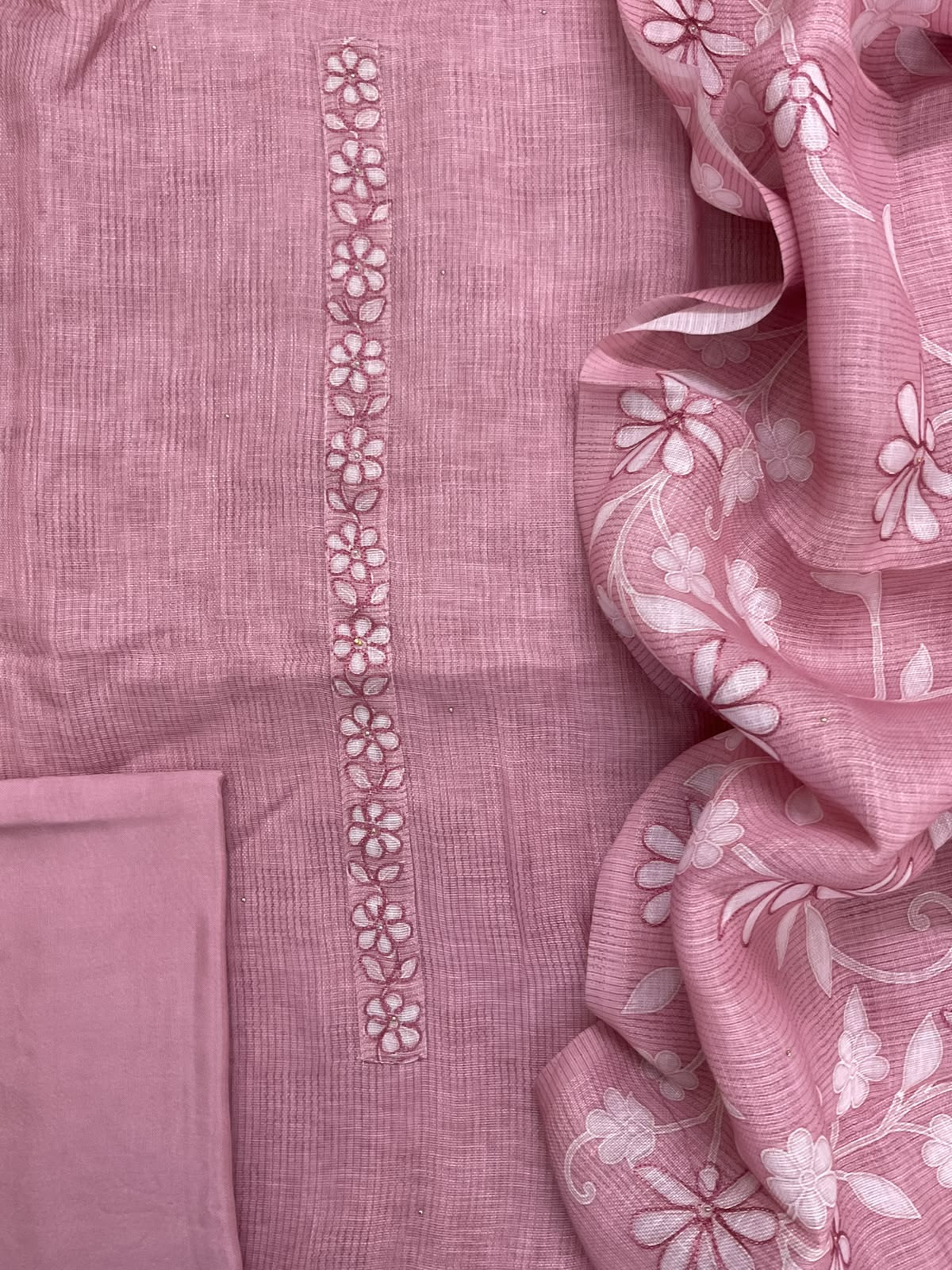 Pure Linen Jute Cotton Printed Embroidered Suit - Pink