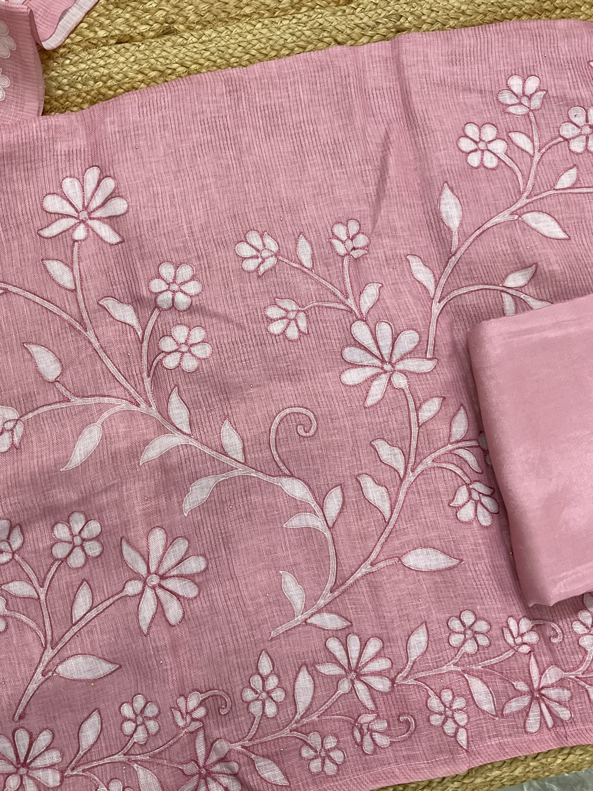 Pure Linen Jute Cotton Printed Embroidered Suit - Pink