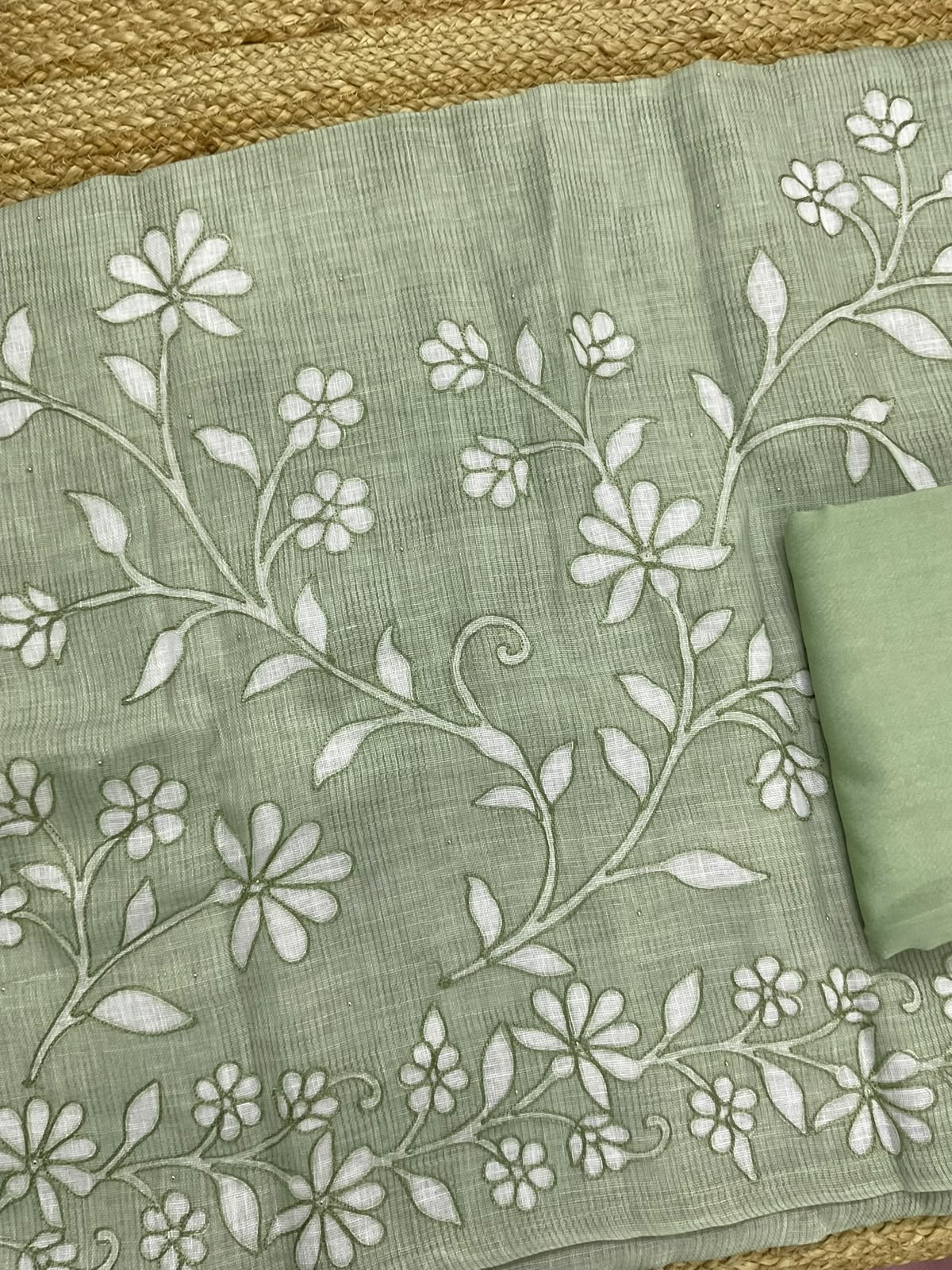 Pure Linen Jute Cotton Printed Embroidered Suit - Green