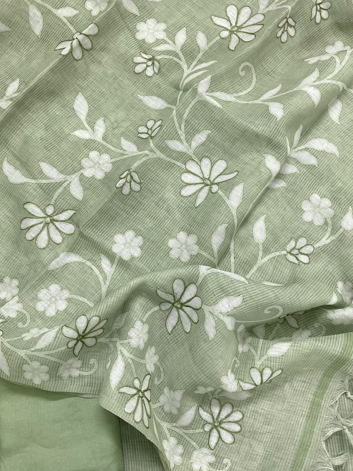 Pure Linen Jute Cotton Printed Embroidered Suit - Green