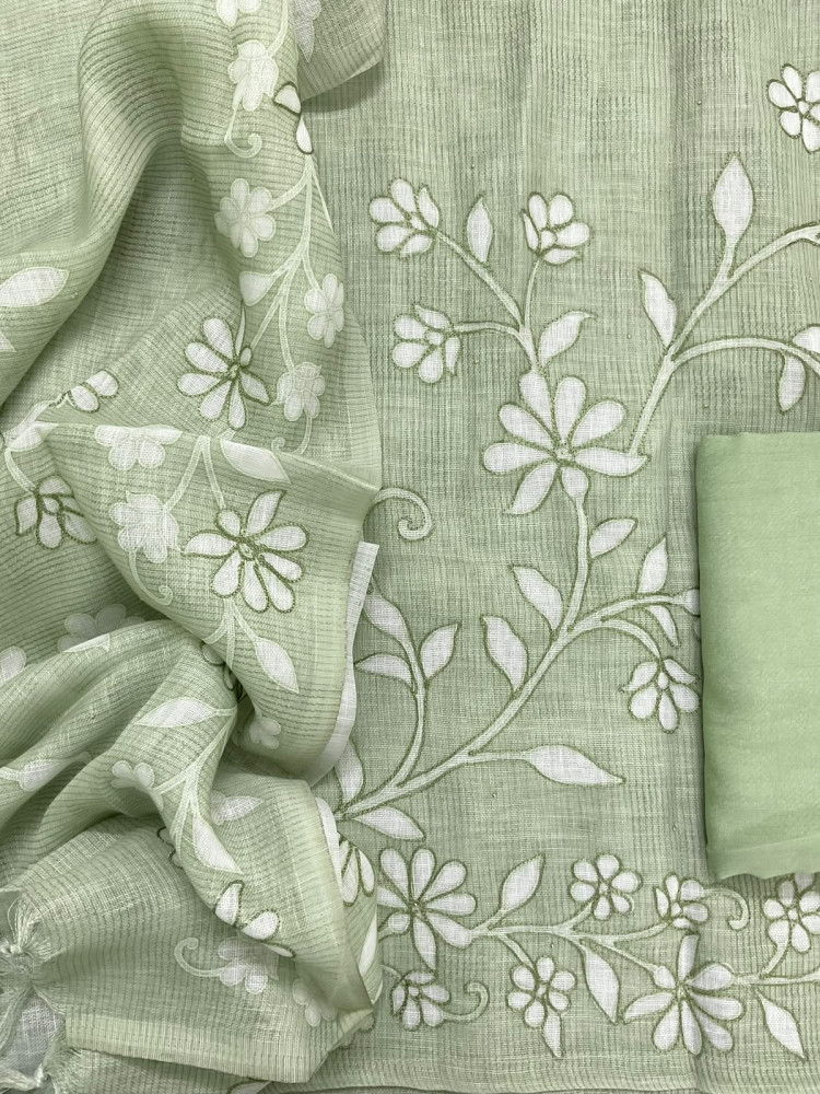 Image of Pure Linen Jute Cotton Printed Embroidered Suit - Green