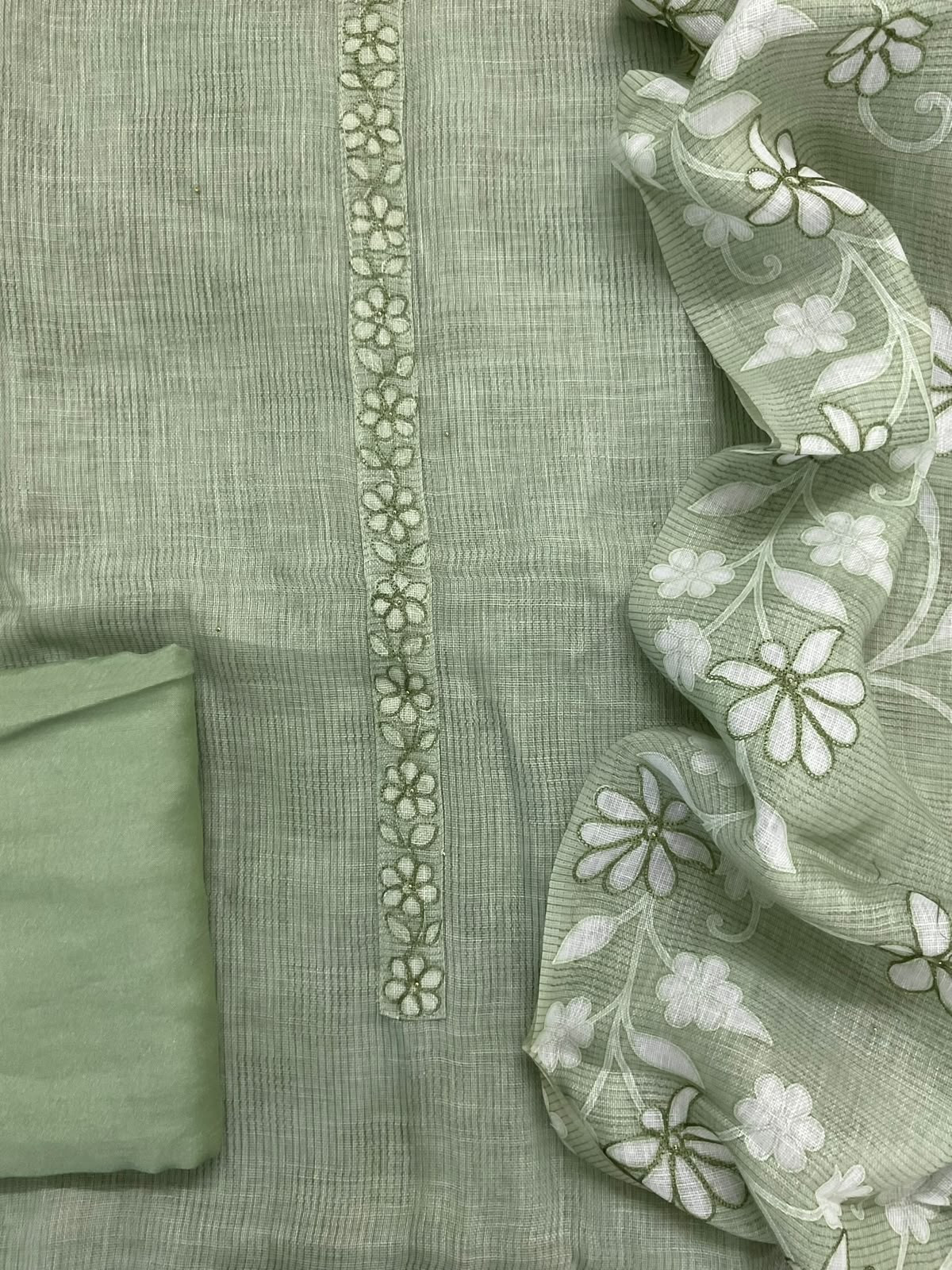 Pure Linen Jute Cotton Printed Embroidered Suit - Green