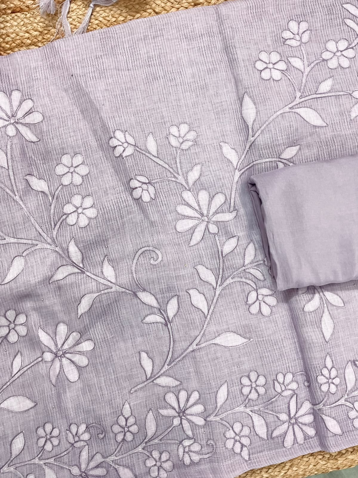 Pure Linen Jute Cotton Printed Embroidered Suit - Lavender