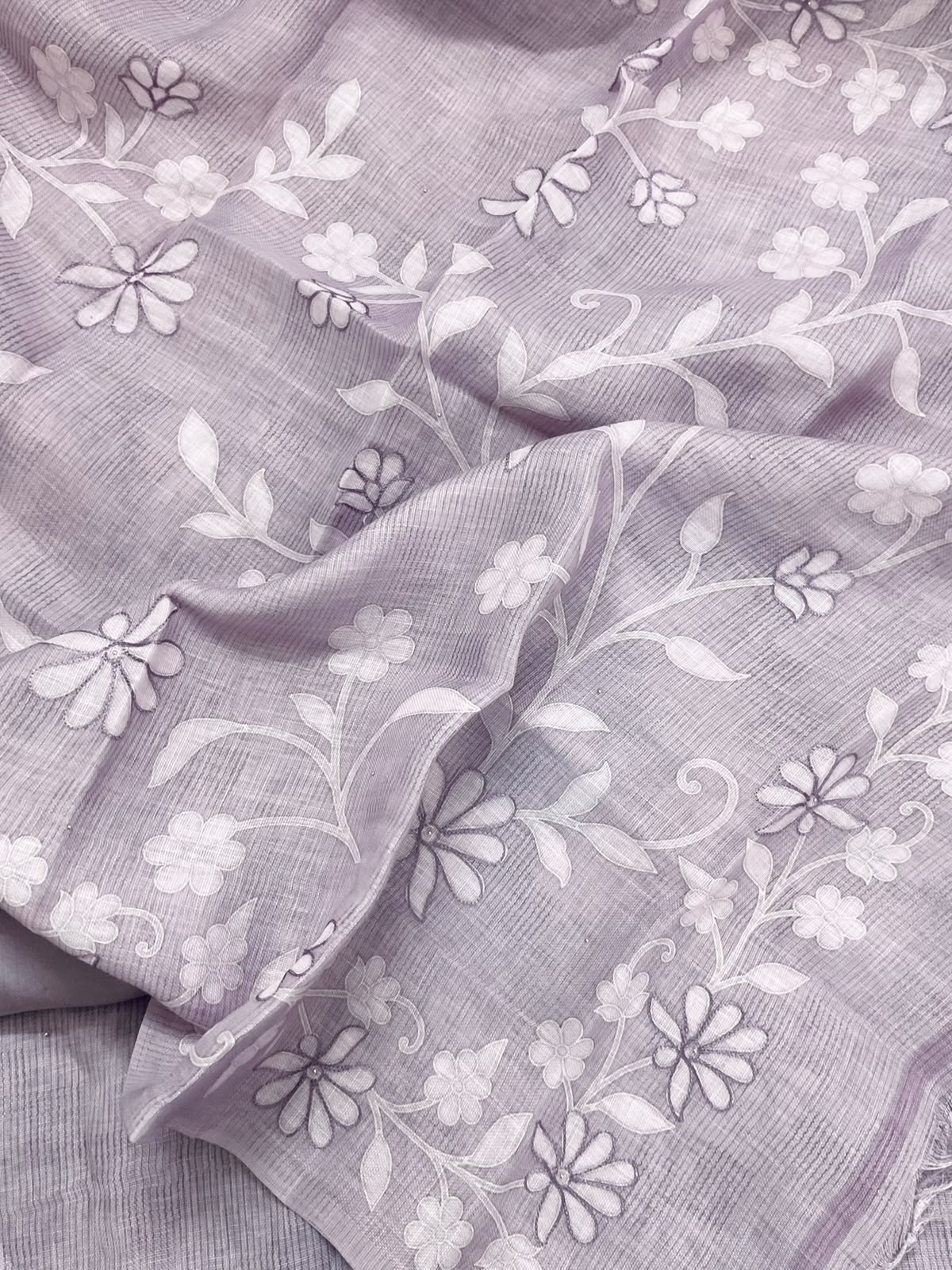 Pure Linen Jute Cotton Printed Embroidered Suit - Lavender