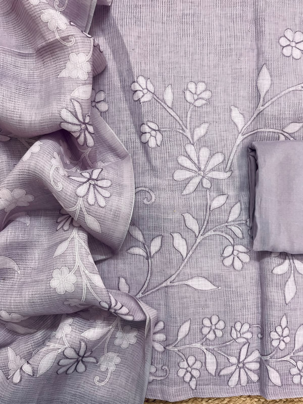 Pure Linen Jute Cotton Printed Embroidered Suit - Lavender