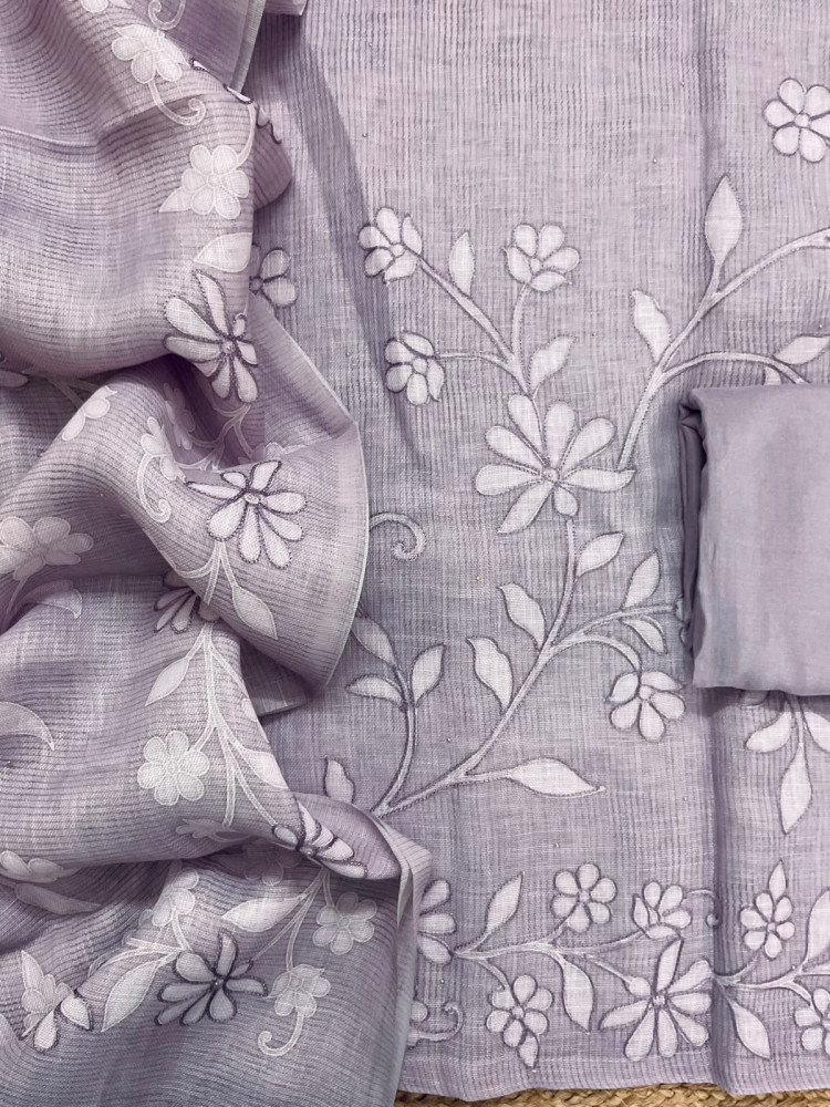 Image of Pure Linen Jute Cotton Printed Embroidered Suit - Lavender
