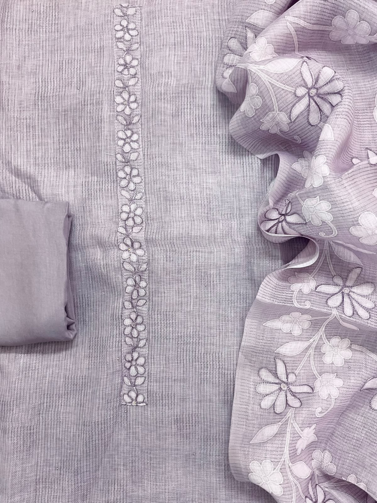 Pure Linen Jute Cotton Printed Embroidered Suit - Lavender