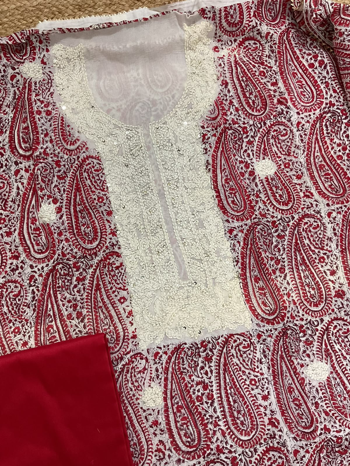 Pure Fine Chinnon Silk Block Printed Embroidered Suit - Red