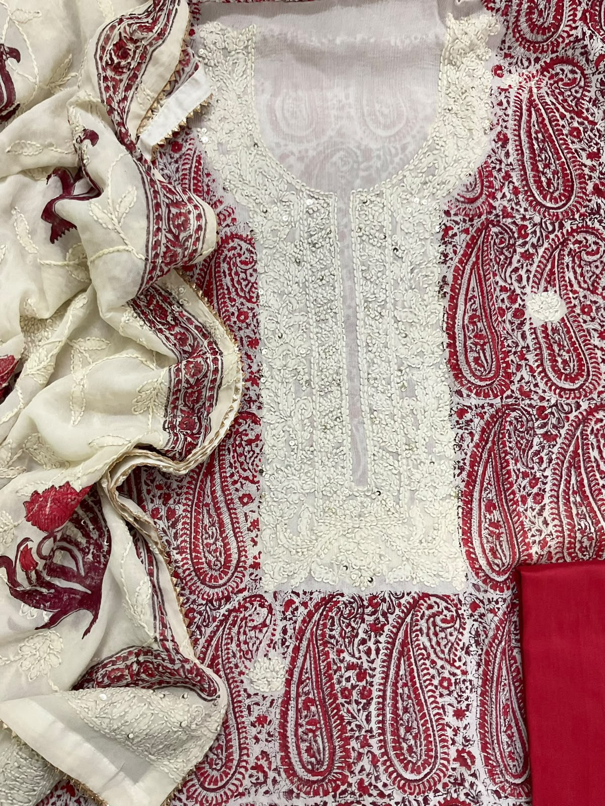 Pure Fine Chinnon Silk Block Printed Embroidered Suit - Red