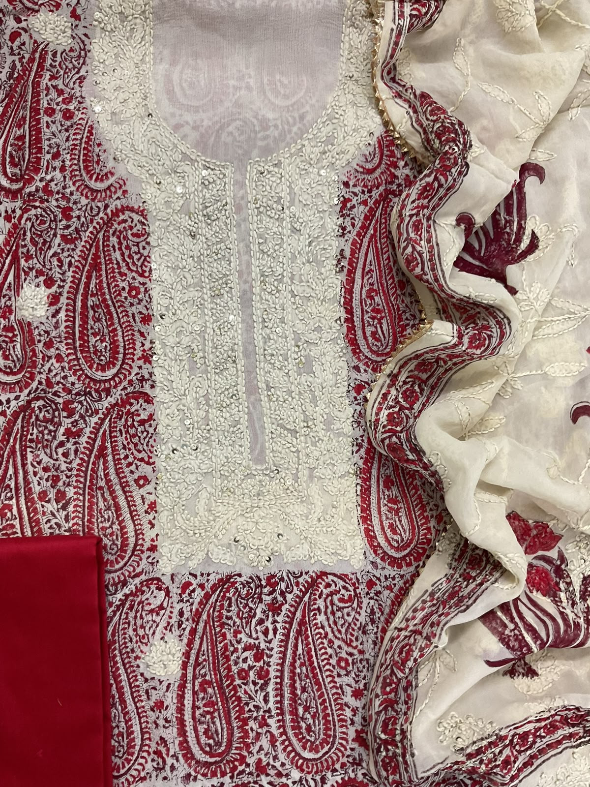 Pure Fine Chinnon Silk Block Printed Embroidered Suit - Red