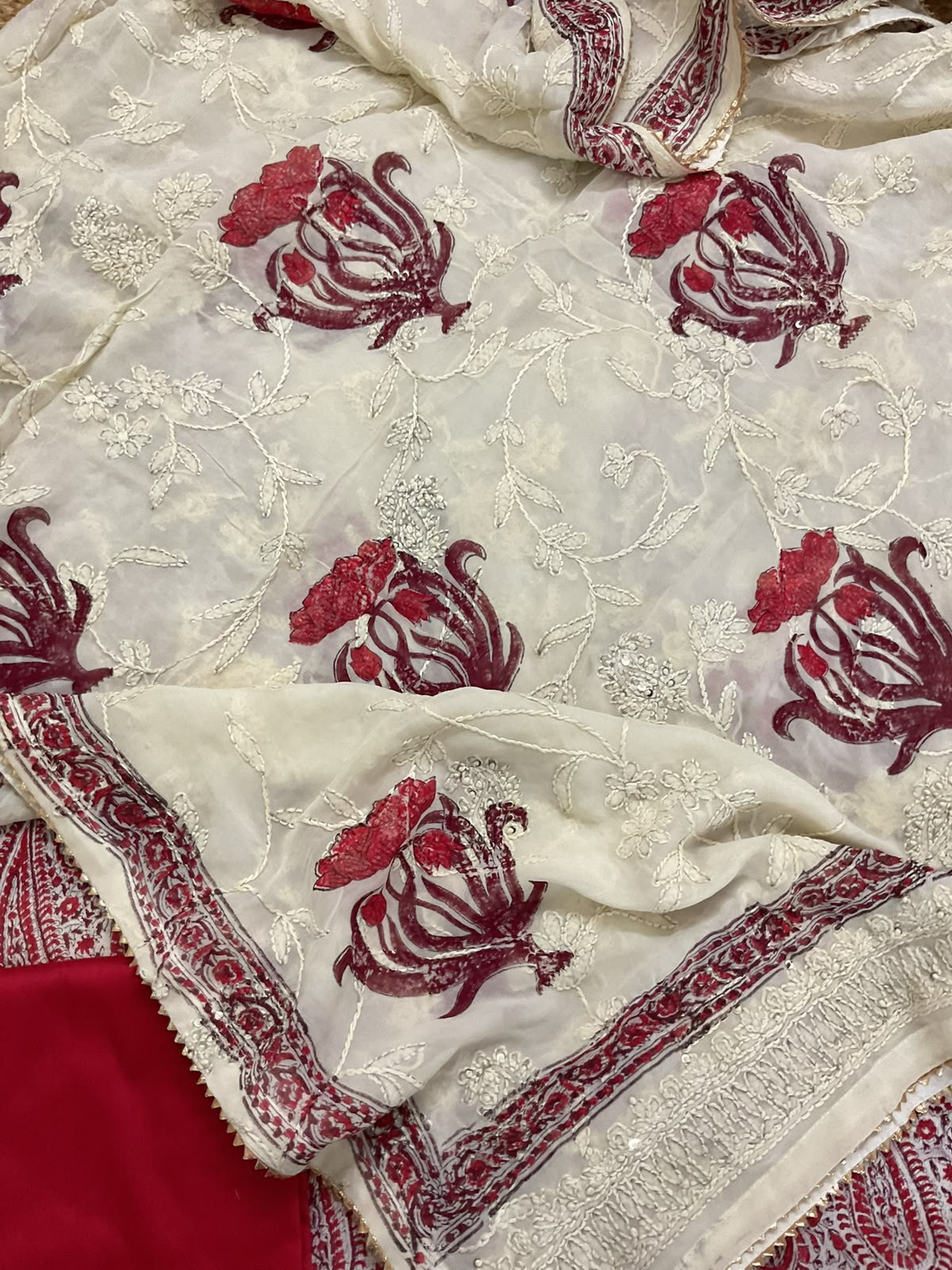 Pure Fine Chinnon Silk Block Printed Embroidered Suit - Red