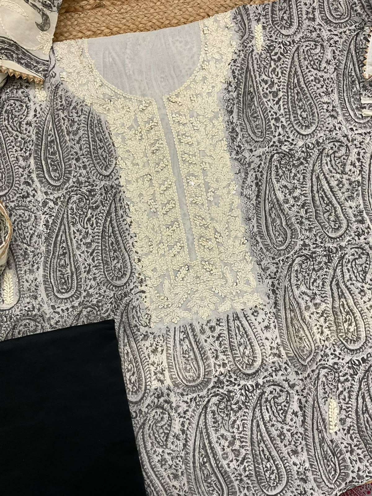 Pure Fine Chinnon Silk Block Printed Embroidered Suit - Black
