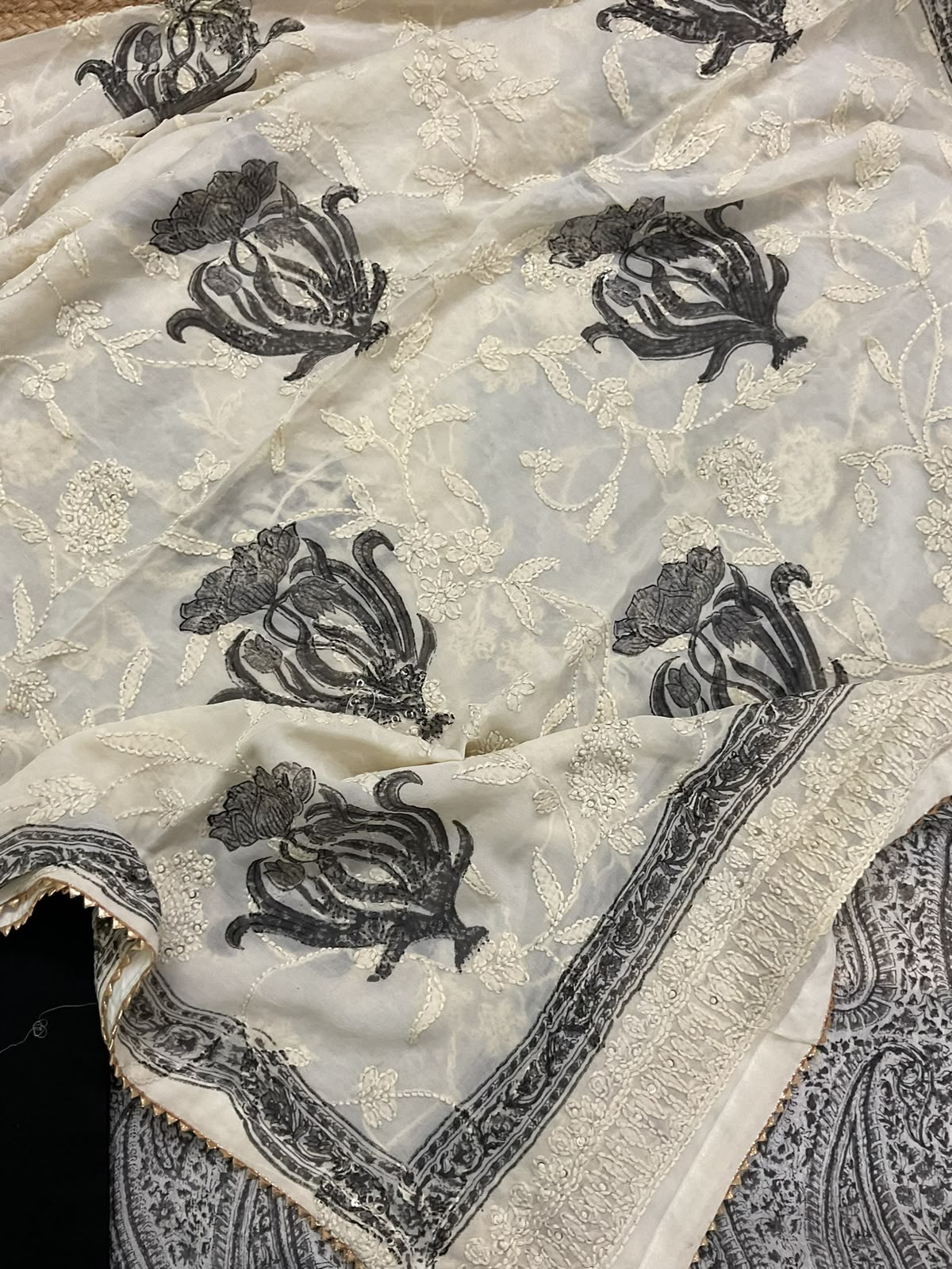 Pure Fine Chinnon Silk Block Printed Embroidered Suit - Black