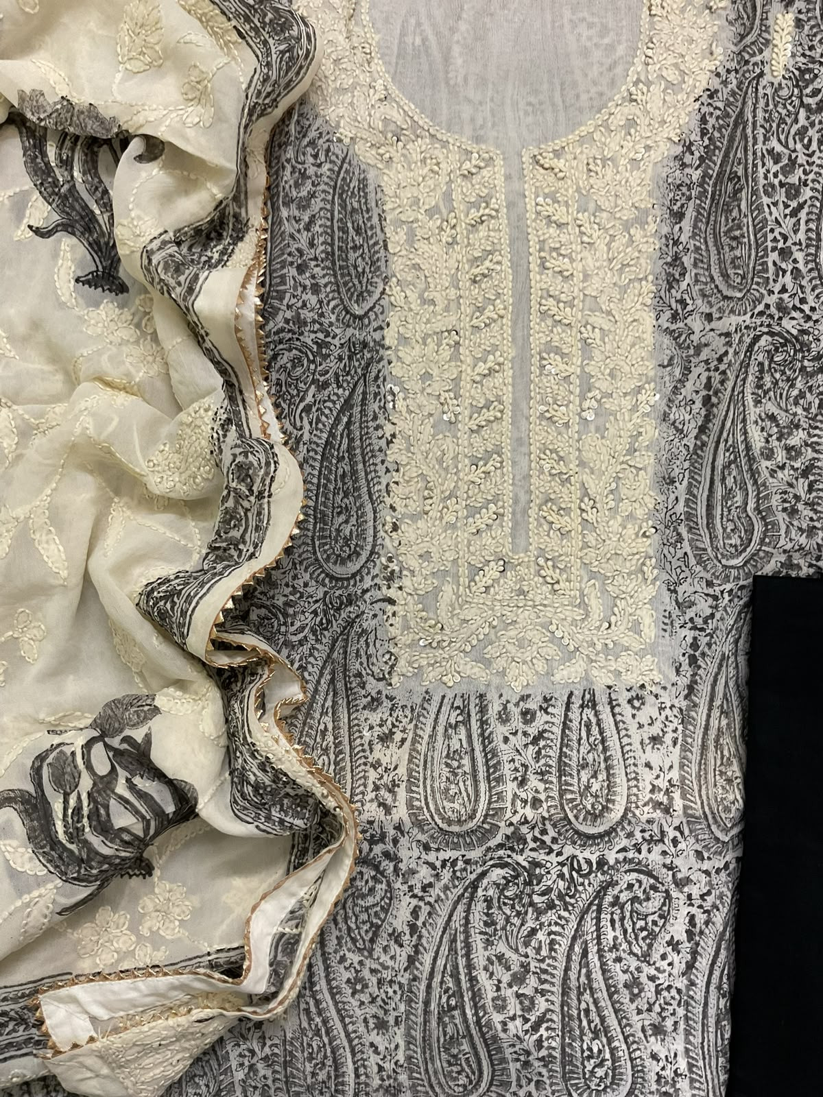 Pure Fine Chinnon Silk Block Printed Embroidered Suit - Black