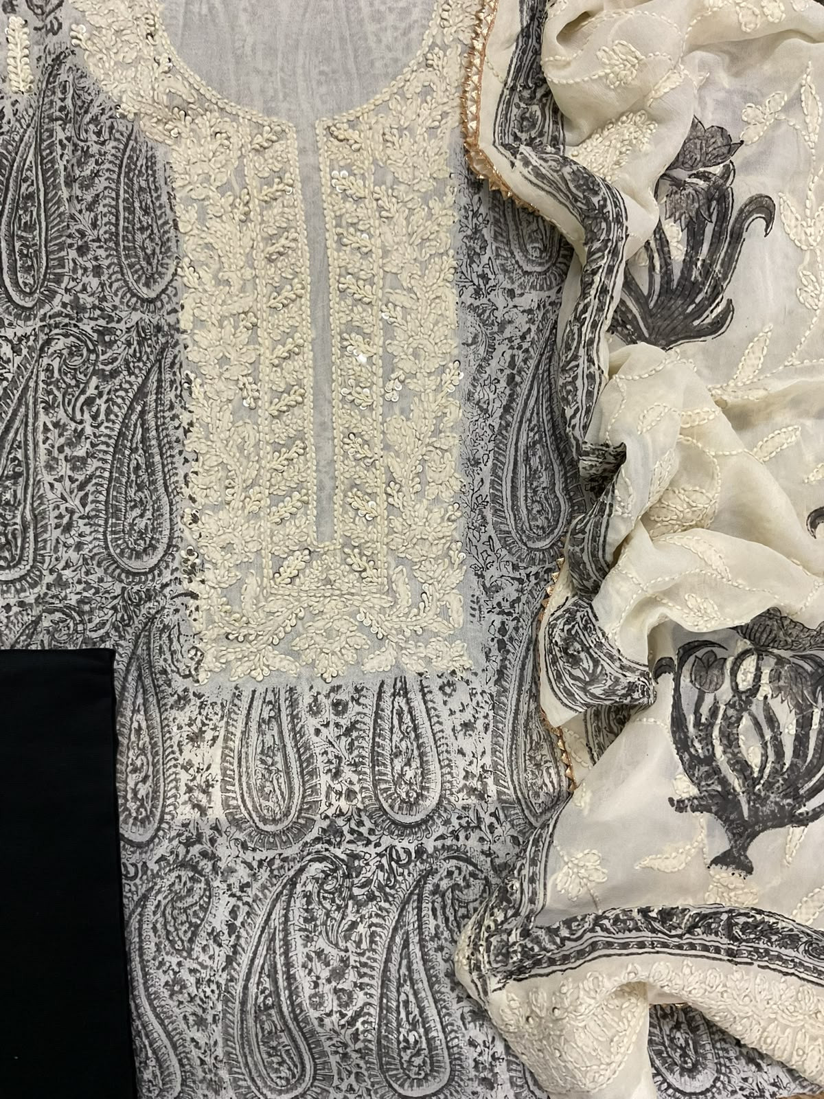 Pure Fine Chinnon Silk Block Printed Embroidered Suit - Black