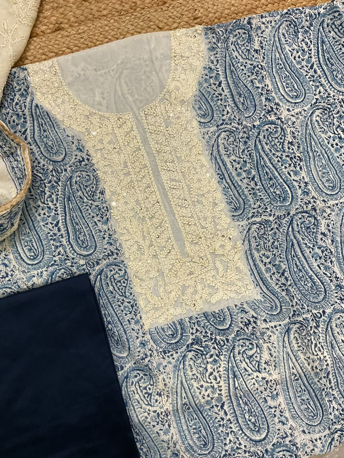 Pure Fine Chinnon Silk Block Printed Embroidered Suit - Blue