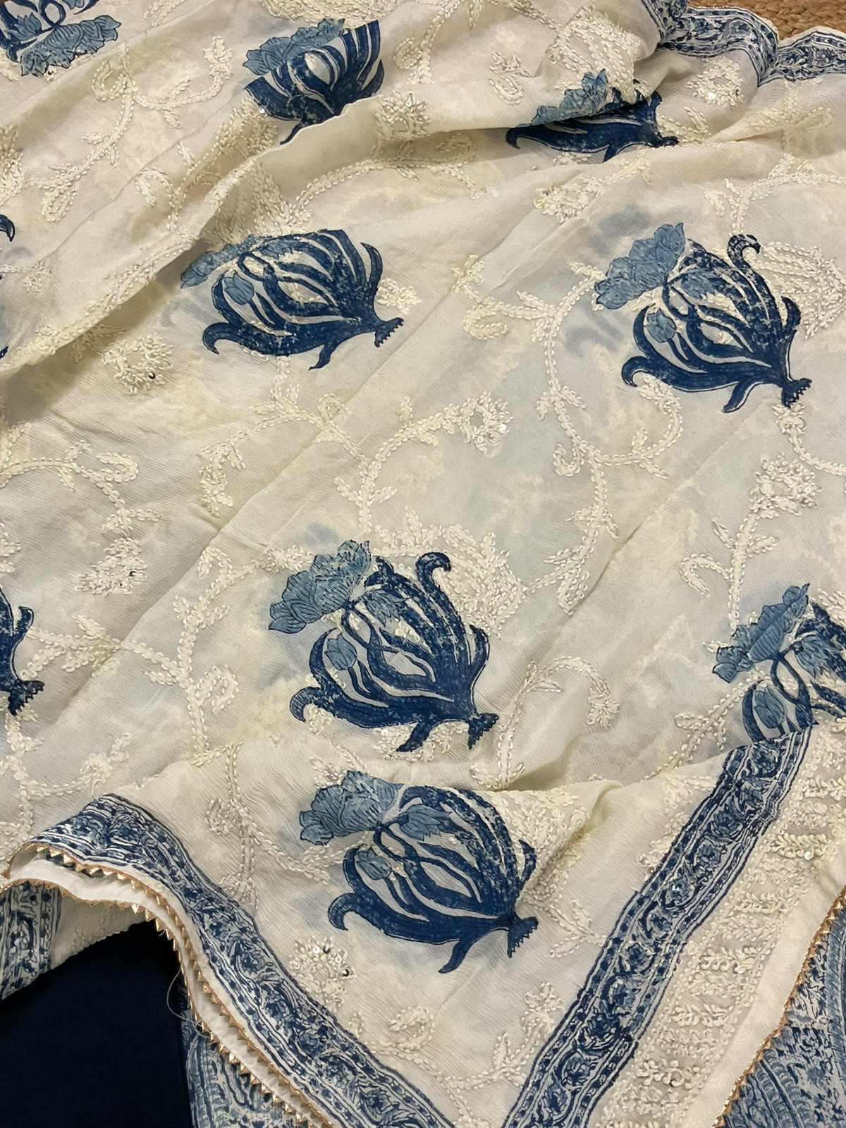 Pure Fine Chinnon Silk Block Printed Embroidered Suit - Blue