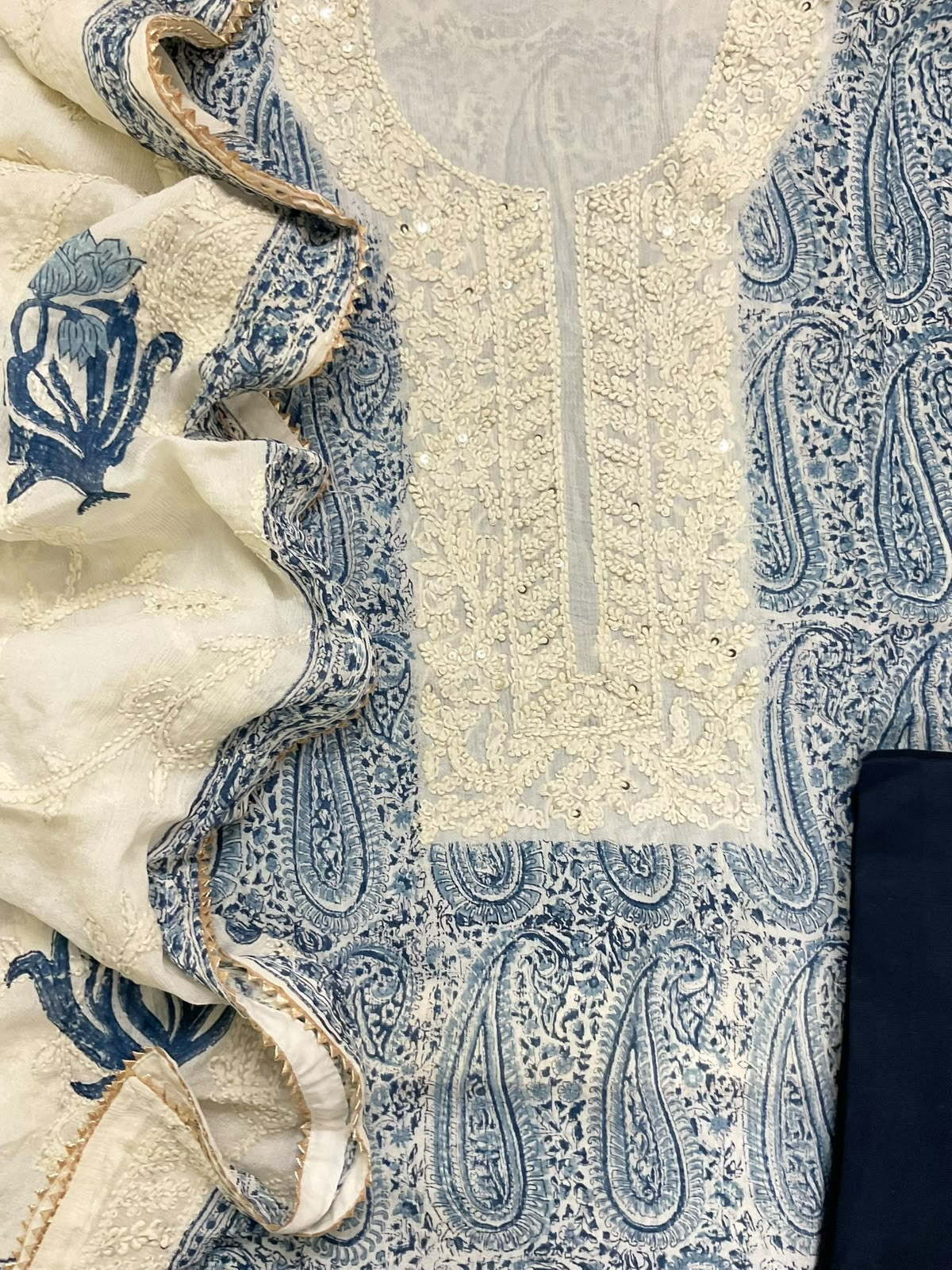 Pure Fine Chinnon Silk Block Printed Embroidered Suit - Blue