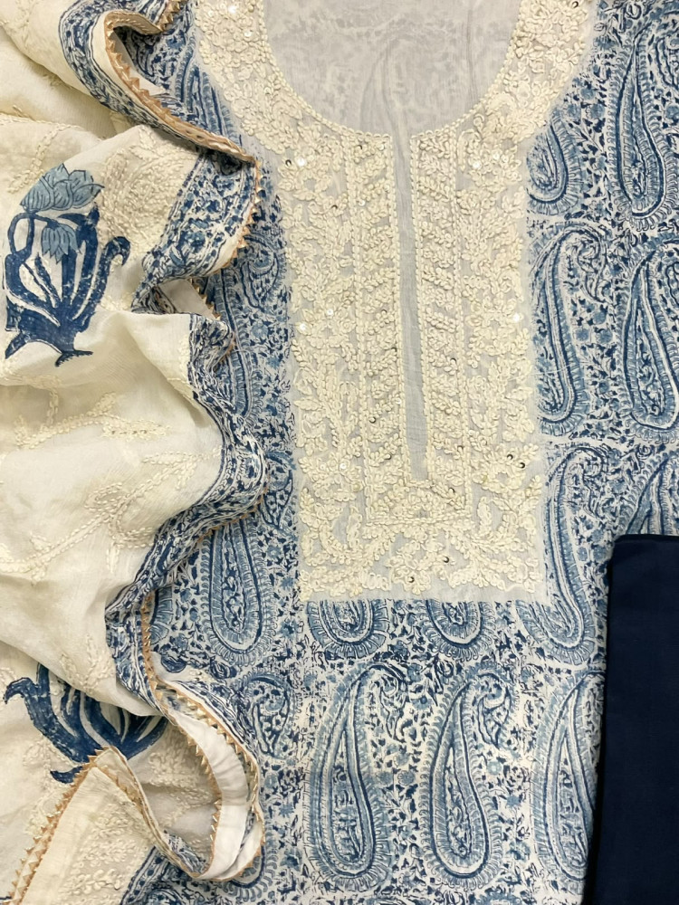 Image of Pure Fine Chinnon Silk Block Printed Embroidered Suit - Blue