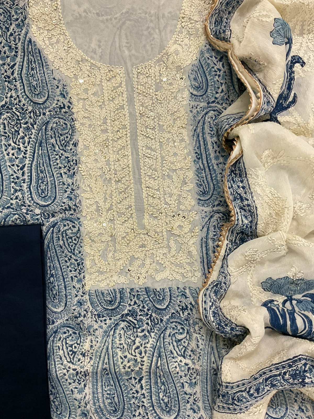 Pure Fine Chinnon Silk Block Printed Embroidered Suit - Blue