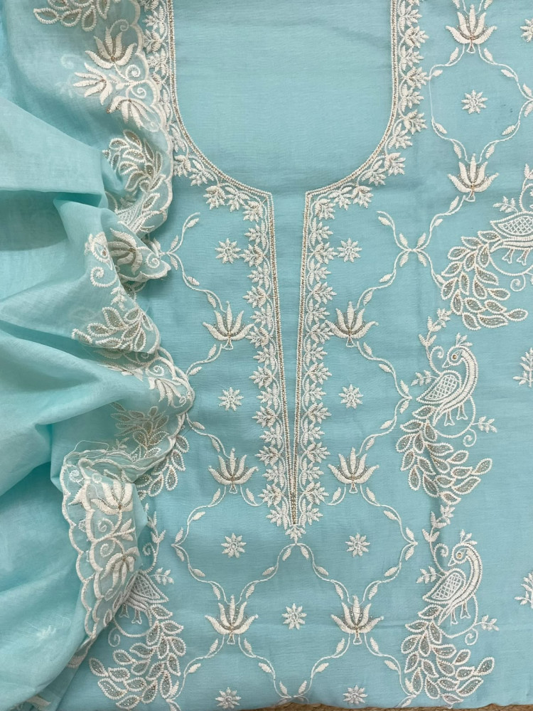 Image of Pure Chanderi Embroidered Suit - Blue