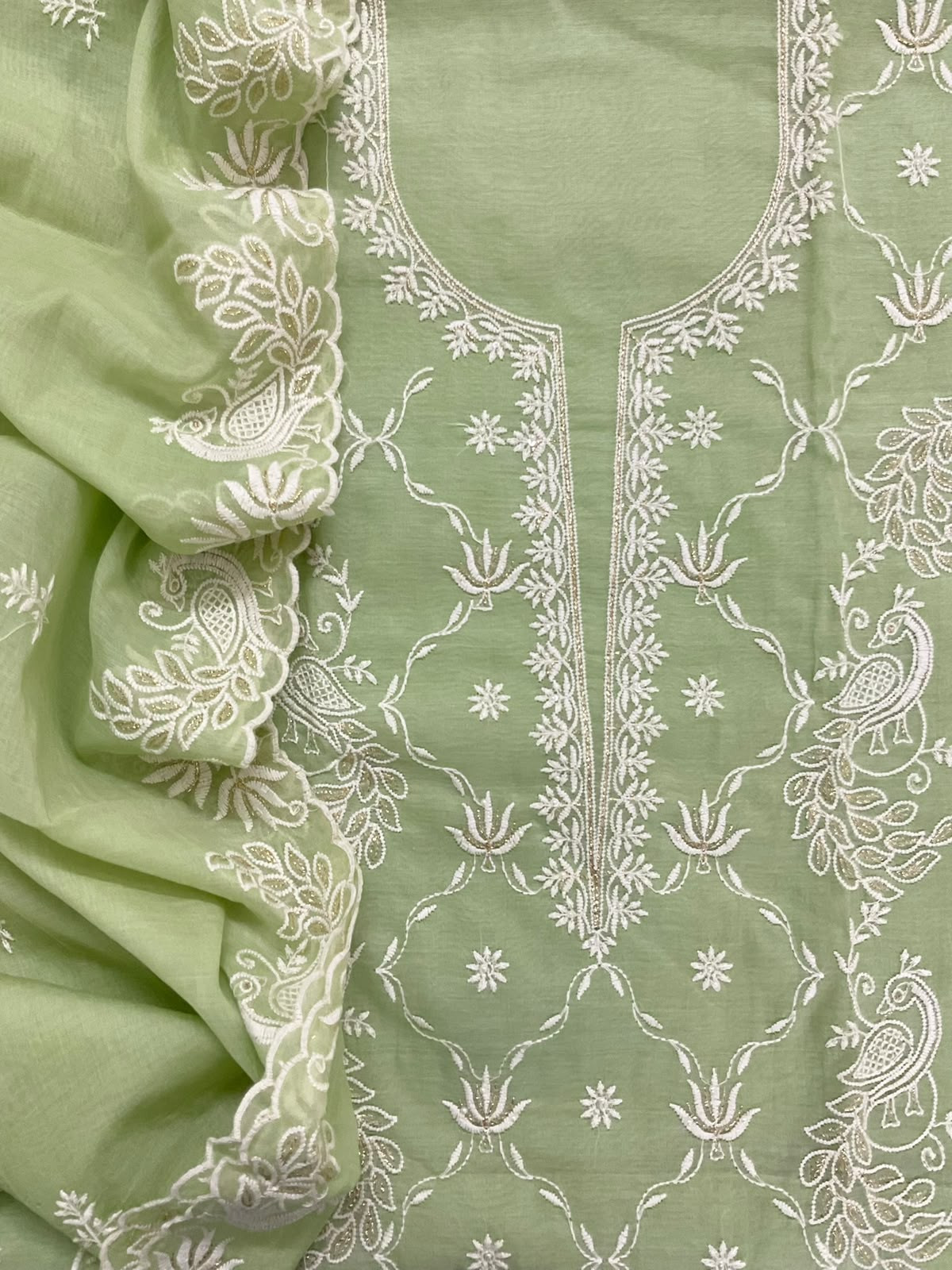 Pure Chanderi Embroidered Suit - Green